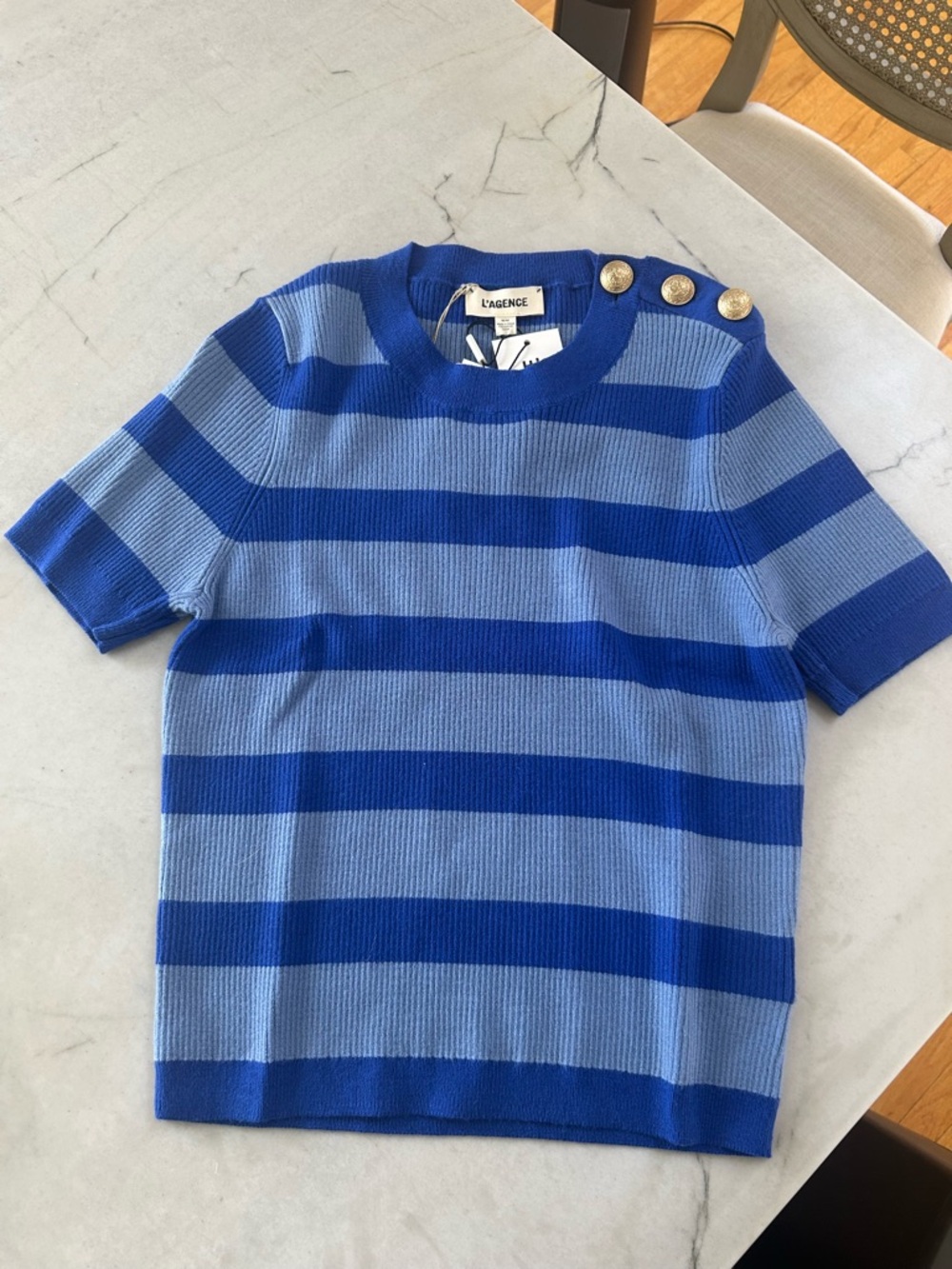 L'AGENCE Royal and Light Blue Striped Knit Top with Gold Button